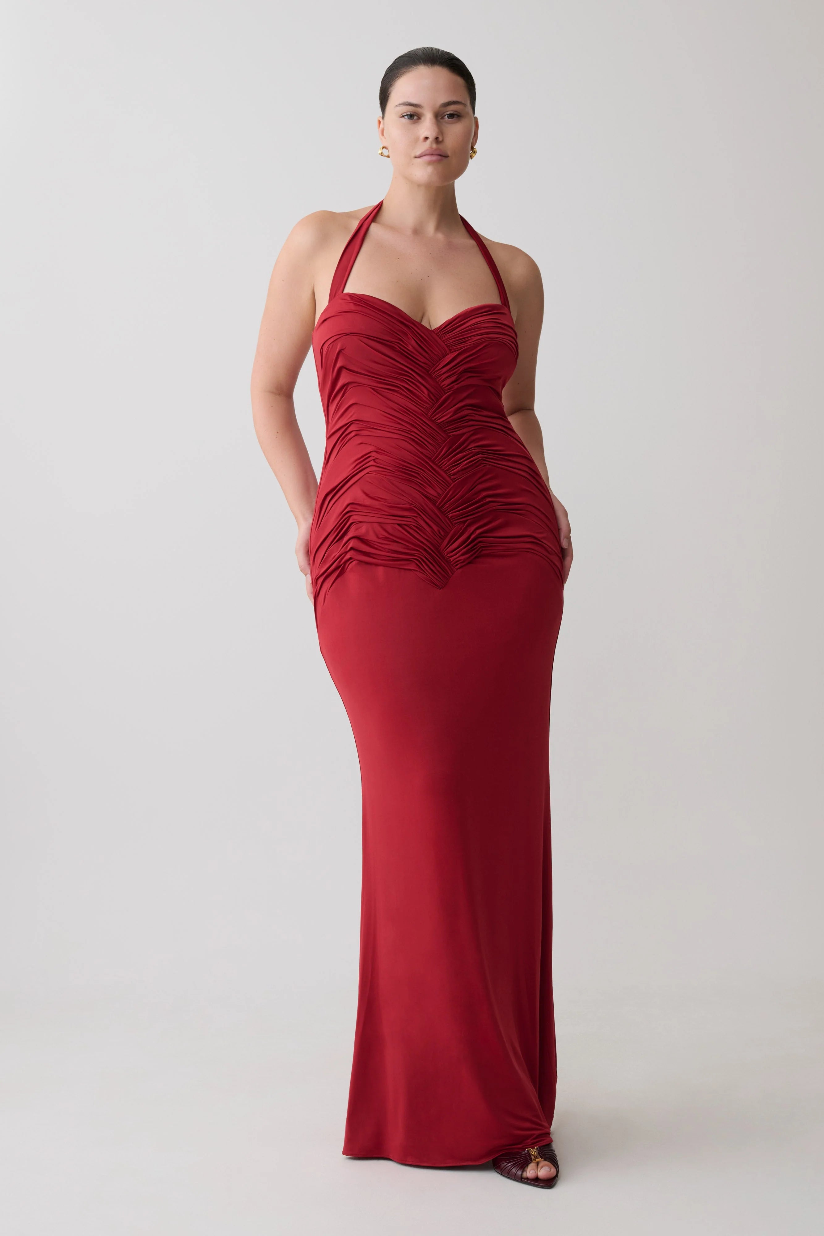 Hoai Gathered Slinky Halter Maxi Dress - Deep Red