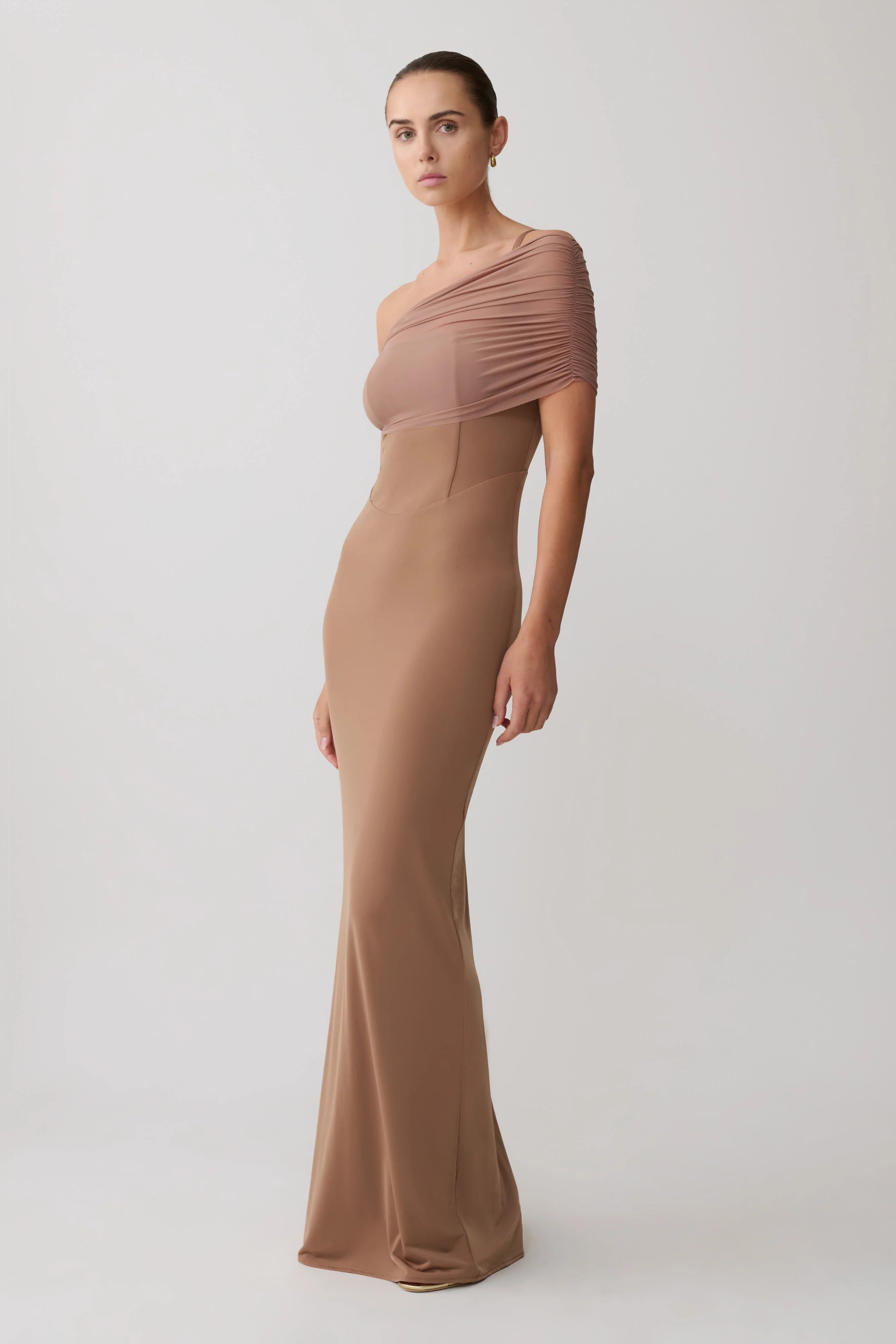 Hanh One Shoulder Mesh Maxi Dress - Tan