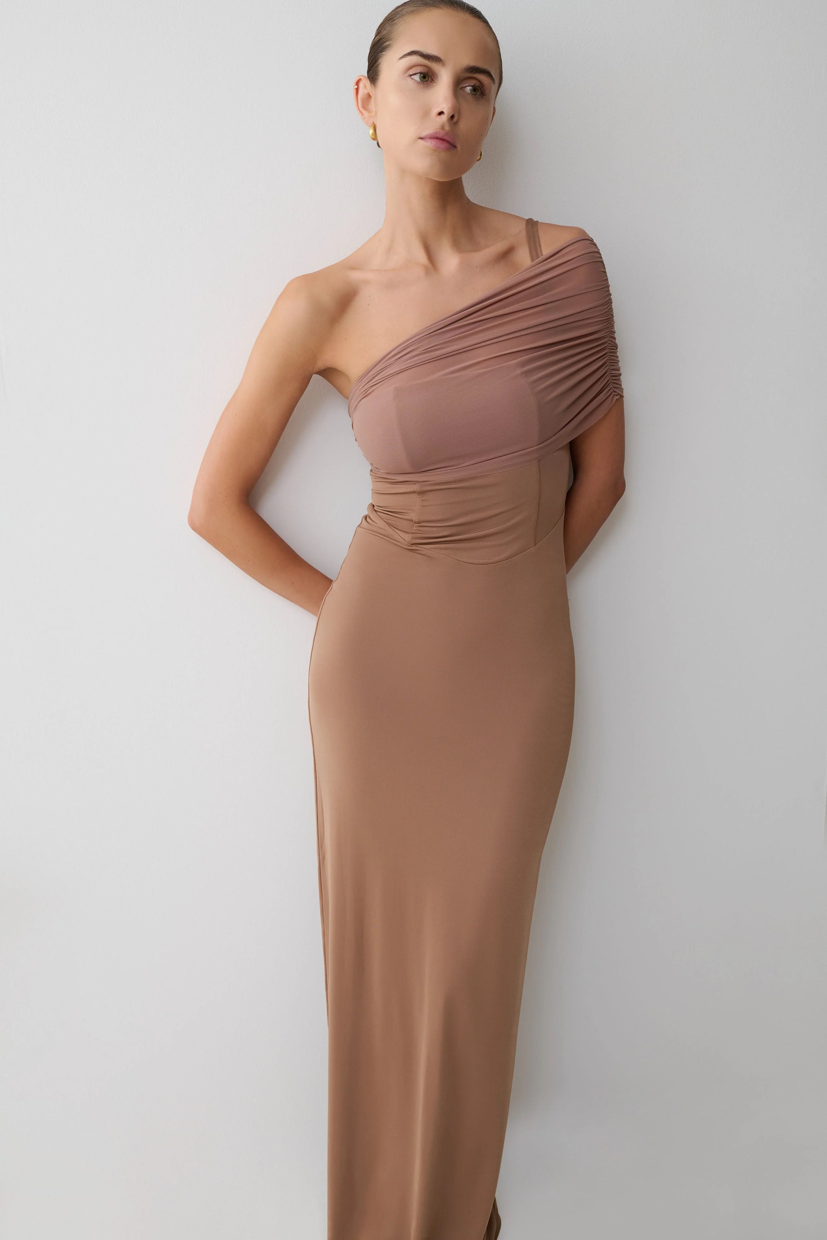 Hanh One Shoulder Mesh Maxi Dress - Tan